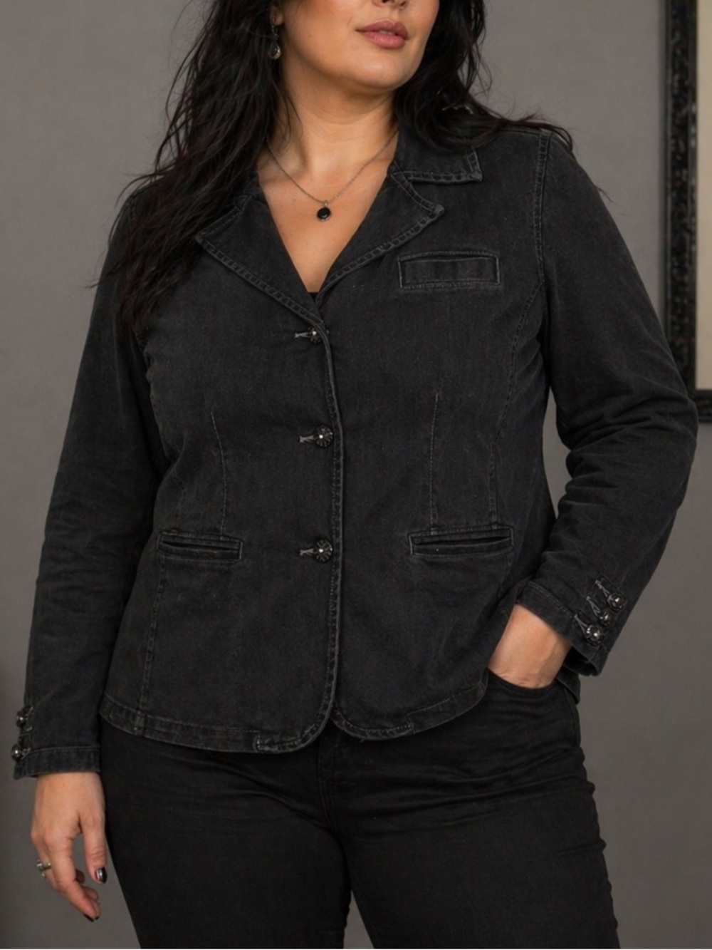 Venezia Black Denim Blazer Jacket Womens 14/16 Plus Goth Academia